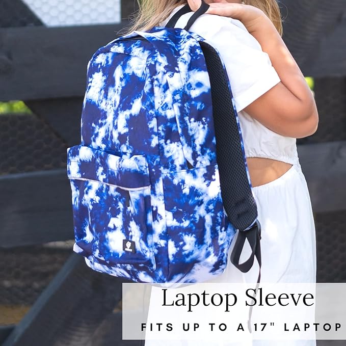 Fenrici Tie Dye Backpack for Boys, Girls, Blue Backpack for Kids, Bookbag with Padded Laptop Compartment, Blue Tie Dye, Indigo Blue, 16 Inch