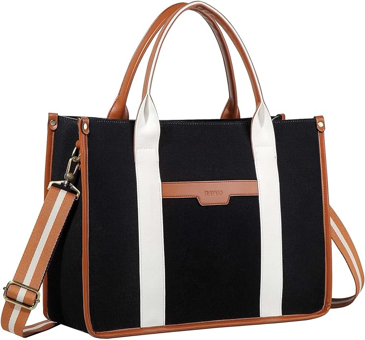 RAVUO Laptop Tote Bag Women, Water Resistant 15.6 Inch Large Canvas Handbag Business Briefcase With Detachable Shoulder Strap