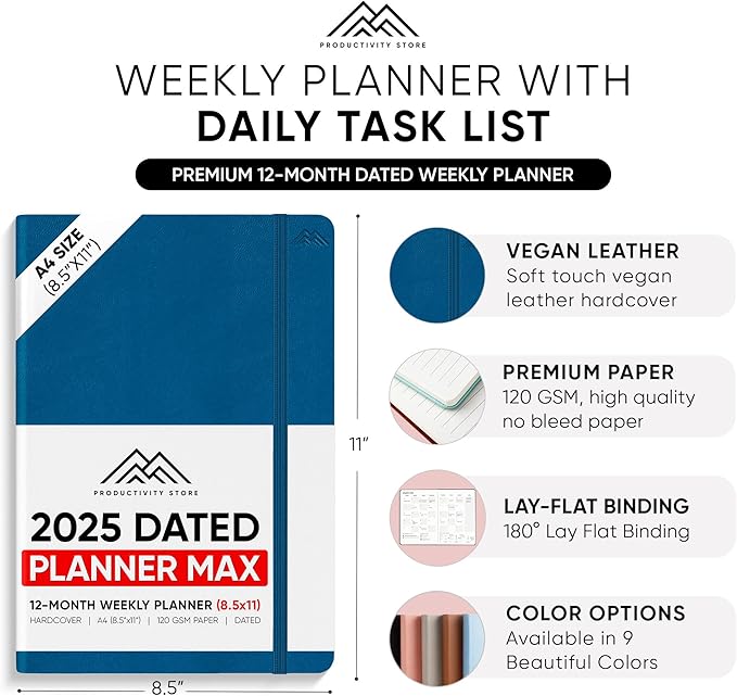 PRODUCTIVITY STORE Pro Max - Dated, 2025 Planner, 8.5" x 11" - The #1 Productivity Planner to Achieve Your 2025 Goals - Planner 2025-2026 - Navy - A4