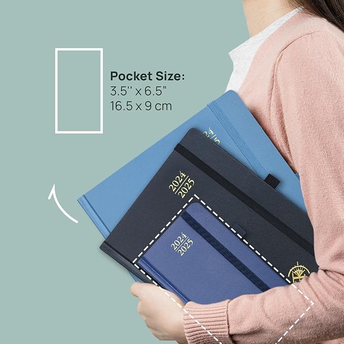 POPRUN Pocket Calendar 2024-2025 for Purse 3.5''x6.5'' Hardcover (17-Month: Aug.24 to Dec.25) Small Academic Planner Daily Weekly Monthly Agenda with Pen Holder, Ivory Paper - Light Yellow