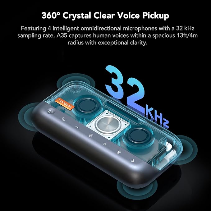 NUROUM A35 Conference Speaker and Microphone, AI-Powered Noise Cancelling, 32kHZ 13ft Voice Pickup, Daisy Chain for up to 20 People, Bluetooth/USB Speakerphone Compatible with Zoom/Teams/Google Meet