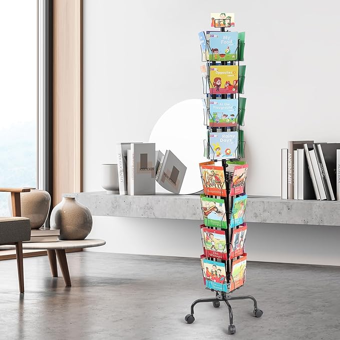 VEVOR Card Display Stand, 32-Slot Rotatable Postcard Holder, 360-Degree Spin with Title Clip & 4 Casters (2 with Brakes) for Office, Exhibits, and Fairs