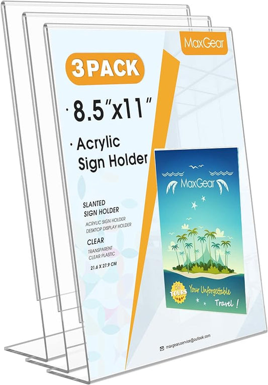 MaxGear Acrylic Sign Holder, Clear Sign Holder Plastic Paper Holder Slant Back Sign Holders 8.5x11 inches Sign Holder Plastic Display Stand for Office, Store, 3 Pack