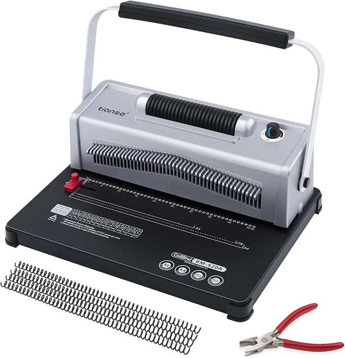 TIANSE Spiral Coil Binding Machine, Manual Book Maker Punch Binder with Electric Coil Inserter, Comes with 100pcs 5/16" Plastic Coil Binding Spines & Plier for Letter Size, A4, A5 or Smaller Sizes
