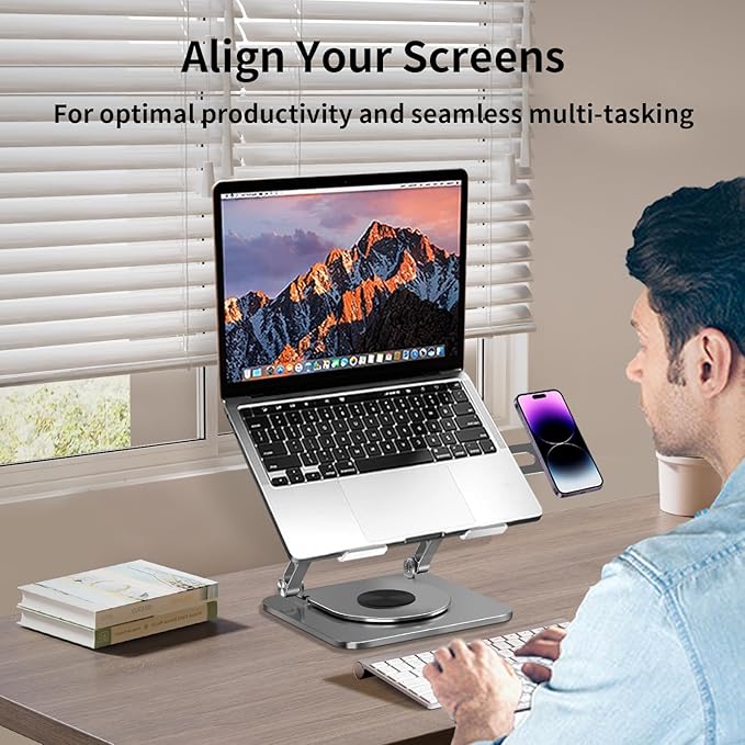 Laptop Stand for Desk, 24 lbs Load, 360° Rotating, Magnetic Phone Holder, Fits 10-17.4'' Laptops, Grey