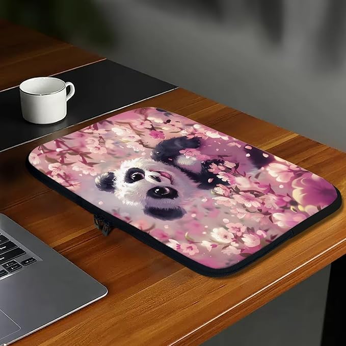 Panda Cherry Blossom Printed Computer Case Bag for Girls Boys, Washable 10 Inch Laptop Bag Carrying Case Laptop Briefcase Neoprene with Zipper, Compatible with Various Computers, Pink