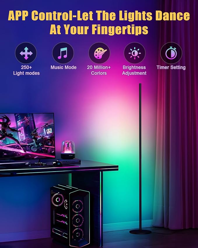 unionlux RGB Corner Floor Lamp- All Metal 24W 200% Brighter RGB Floor Lamp with APP/Remote, Music Sync and 20 Million DIY Colors RGB Corner Lamp for Living Room, Bed Room, Gaming Room