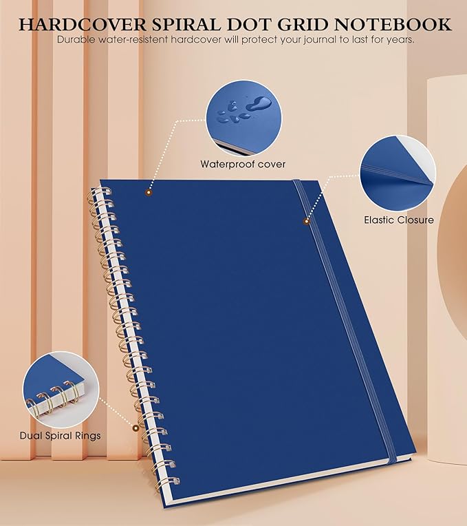 Dotted Notebook, Spiral Notebook Journal 8.5” x 11”, A4 Large Dot Grid Notebooks for Women Men, 100 GSM Dotted Paper, Plastic Hardcover Spiral Bullet Dotted Journals for Work School Sketching, Navy