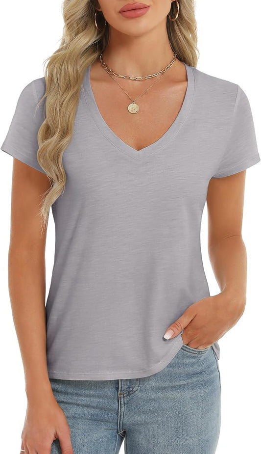 Stelle Womens T Shirts Short Sleeve V Neck Basic Tee Casual Loose Fit Tops Lightweight Soft Summer Outfits Clothes