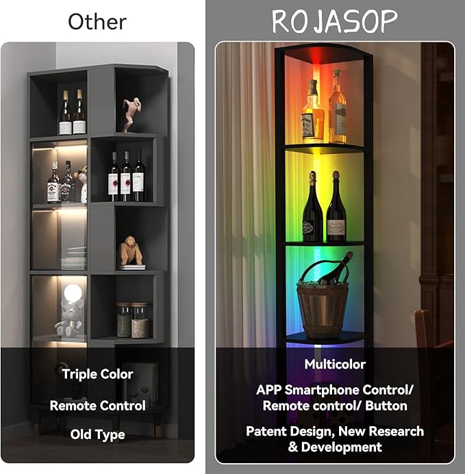 ROJASOP 5 Tiers Corner Shelf with Light Tall Display Shelf for Collectibles Control Multiple Color Lights via APP and Remote Control Floor Lamp with Shelf Supports Dimming for Living Room Bedroom Home