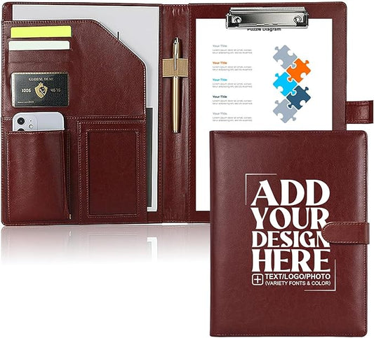 Personalized Portfolio - Customized Leather Portfolio with Personalized Logo or Text - Ideal for Resumes, Interviews, and Professional Business Use, Brown