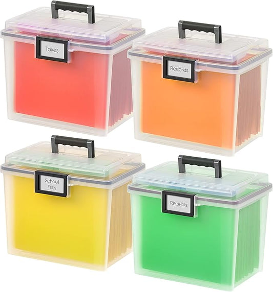 IRIS USA File Box WeatherPro Portable File Organizer Plastic File Box for Letter File w/ Organizer-Lid, Durable Lid and Gasket Seal, Secure Latching Buckles, Stackable, Lockable, Clear 19 Qt. 4 Pack