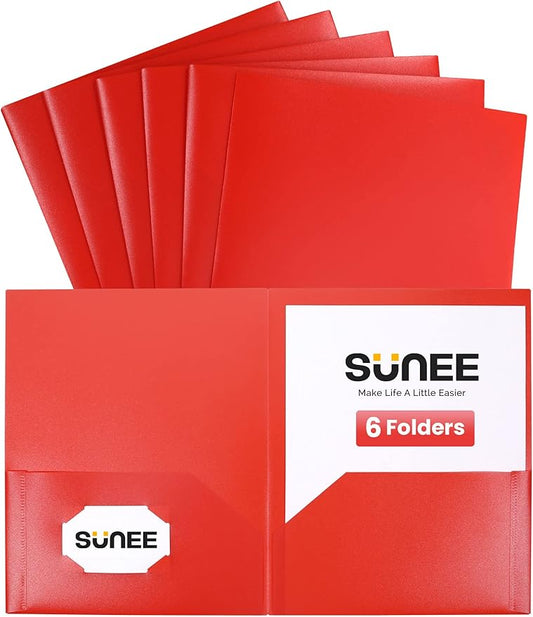 SUNEE 2 Pocket Folders (6 Pack, Red) Heavy-Duty Plastic Folders with Pockets, Fit 8.5x11 Letter Size Paper, 2-Pocket File Folders for Kids, Home, School, Office