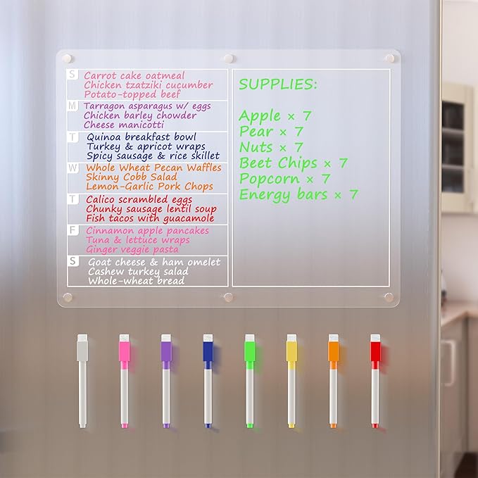 Acrylic Magnetic Meal Planner Menu Board for Kitchen Fridge w/ 8 Markers, Clear Refrigerator Weekly Dry Erase Calendar Planning Noteboard to Do/Grocery/Shopping List/Chore Chart/, 15 x 11"