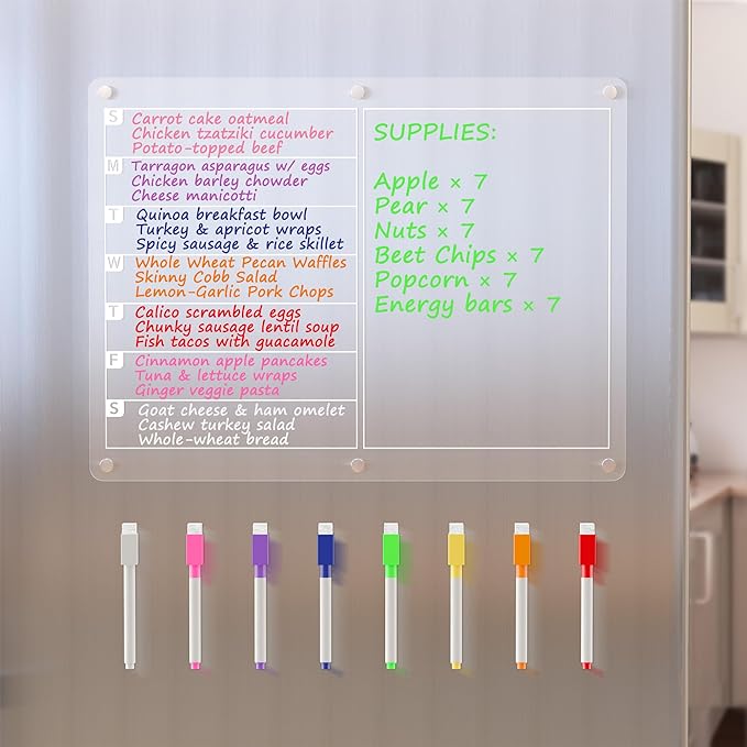 Acrylic Magnetic Meal Planner Menu Board for Kitchen Fridge w/ 8 Markers, Clear Refrigerator Weekly Dry Erase Calendar Planning Noteboard to Do/Grocery/Shopping List/Chore Chart/, 15 x 11"