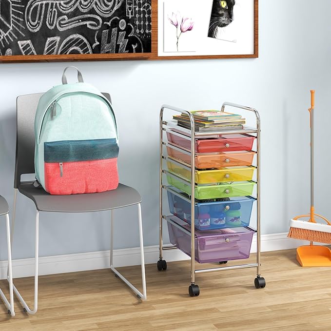 HOMGX 6 Drawer Rolling Storage Cart, 6 Drawer Organizer Trolley, Storage Drawer Carts, Rolling Cart for Office and School Organizer, Color