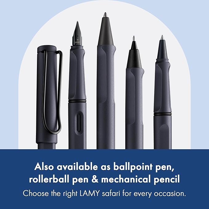 LAMY safari steel black - Fountain Pen with ergonomic grip & polished steel nib in size B - ideal for any Writing & Calligraphy - including LAMY T 10 blue cartridge - Right-Handed