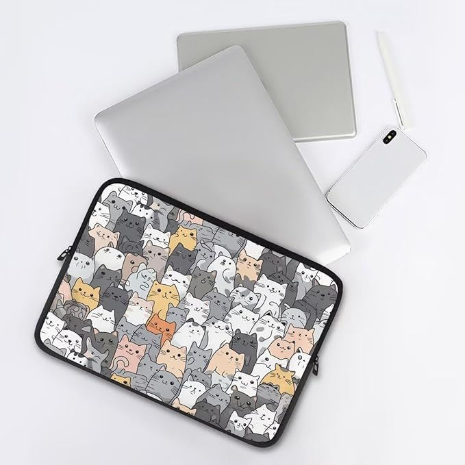 Cartoon Cat Print Laptop Briefcases for Men Women, Cute Laptop Sleeve Case Water Resistant Neoprene Computer Carrying Cover 15 Inch Laptop Carrying Bag