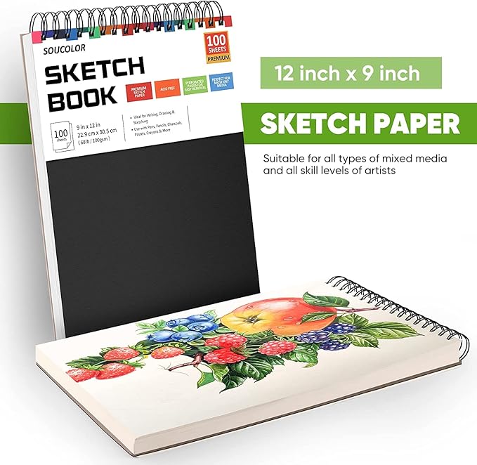Soucolor 9" x 12" Sketch Book, 2-Pack 100 Sheets Spiral Bound Art Sketchbook, Acid Free (68lb/100gsm) Artist Drawing Book Paper Painting Sketching Pad