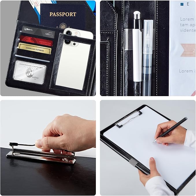 PU Leather Padfolio Folder Clipboard Portfolios Organizer Conference Document Organizer with Business Card Holder Storage Clipboard Writing Pad,Black African American