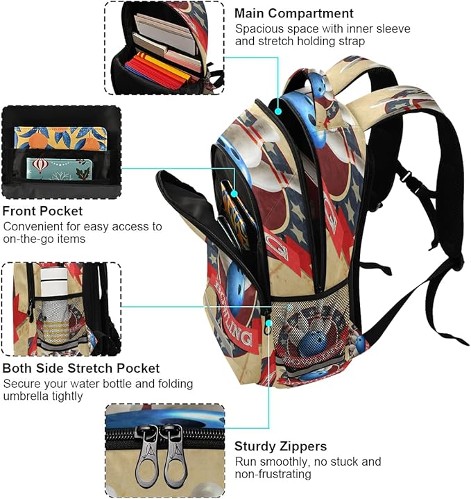 AUUXVA Bowling Ball Sport Vintage Pattern Backpack School Bookbag Laptop Purse Casual Daypack for Teen Girls Women Boys Men College Travel