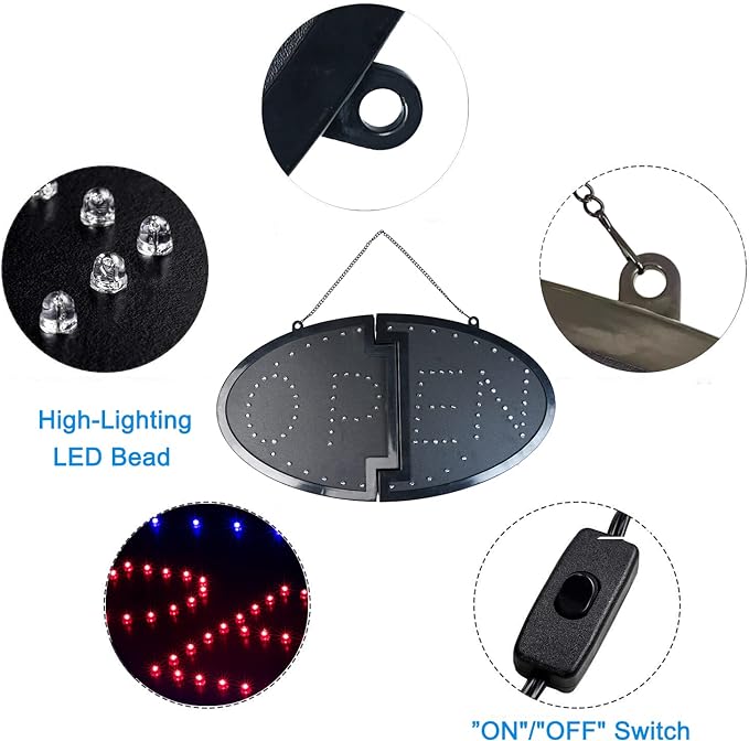 KEBE LED Open Sign, Bright High Visibility Advertisement Board Electric Display Sign Flashing Light for Business Walls Window Shop Bar Hotel, Two Modes (19"x10")
