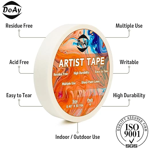 4 Pack White Artist Tape - Art Masking Tape for Watercolor Paper, Canvas Acrylic Painting, Curves, Framing, Paint, Gouache, Console - Acid Free Drafting Tape 0.40" Wide - 360FT Total