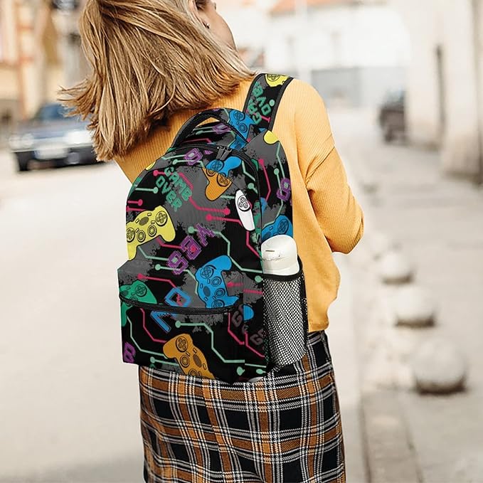 Fiokroo Colorful Game Joysticks Backpack School Bag For Students Teens Men Women Gamer Gamepad Laptop Backpacks Travel Daypack Bag With Multiple Pockets
