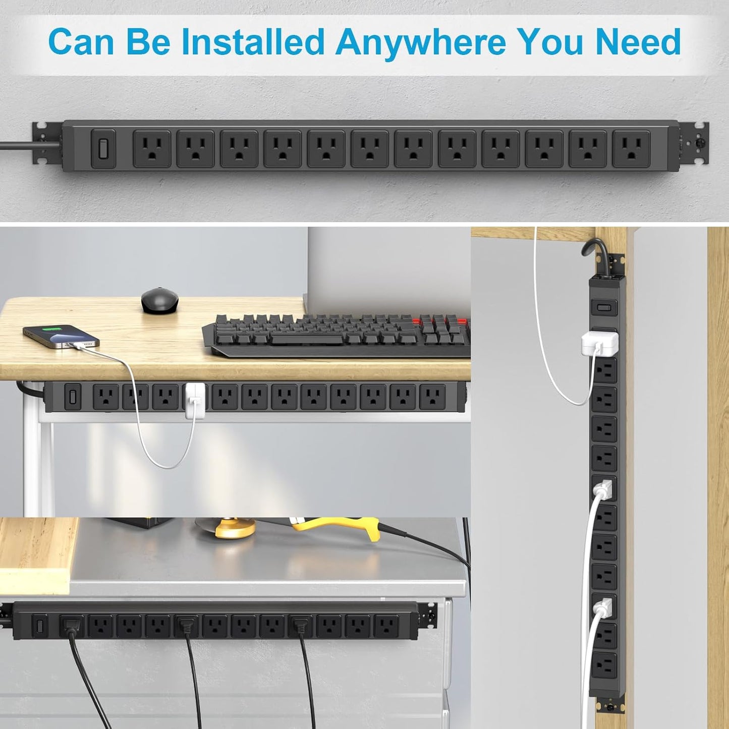 HHSOET 360° Rotating 12 Outlet Mountable Power Strip, Metal Gaming Table Mounted Outlet Strip, Heavy Duty Wall Mount Surge Protector with Switch, Works Great and Very Versatile, 3ft Power Cord.Black