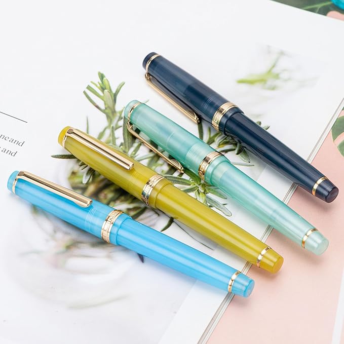 Jinhao 82 Acrylic Fountain Pen, Iridium Fine Nib with Ink Converter, Transparent Mustard Yellow Classic Design Smooth Writing Pen (Gold Trim)