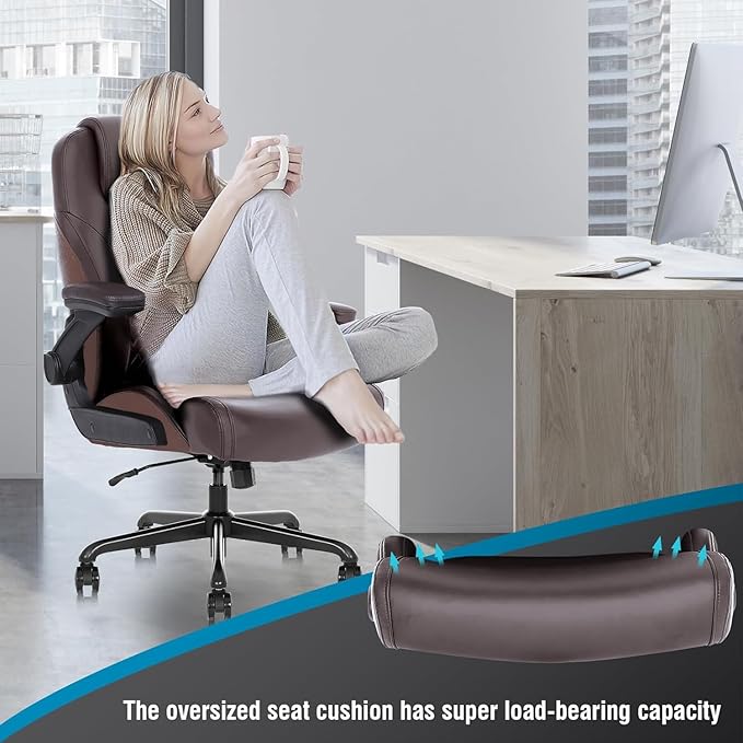 Flysky Executive Ergonomic Office Chair - Big and Tall Office Chair for Heavy People, PU Leather Computer Desk Chair with Flip-up Armrest, Comfortable Wide High Back PC Work Chair