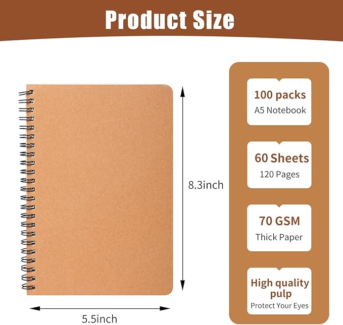 miikoul 100 Packs A5 Spiral Lined Notebooks, Kraft Paper Cover, 8.3"×5.5", 60 Sheets/120 Pages, Ruled Notebooks Bulk, Hardcover Journal Notepad Travel Notebooks for Office and School Supplies