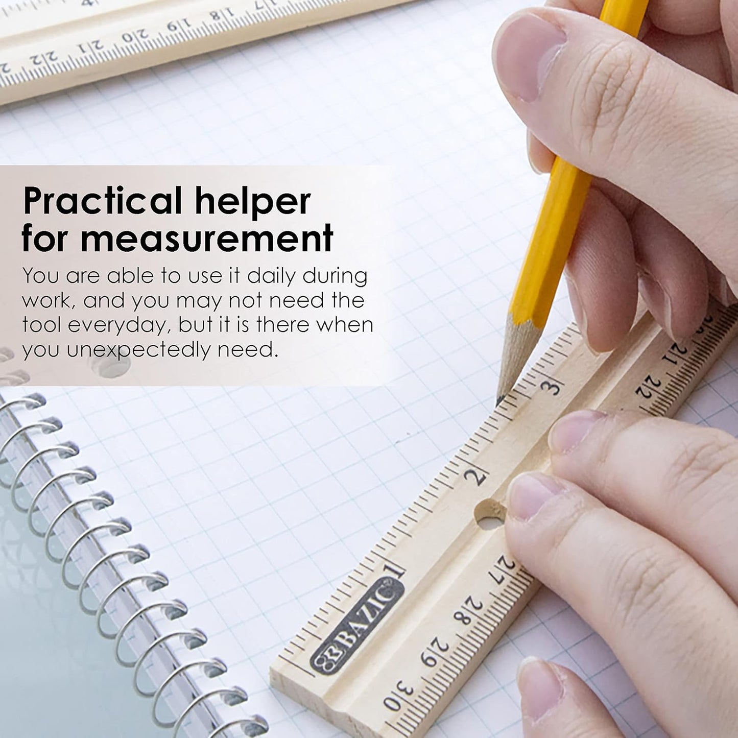 BAZIC Wooden Ruler 12" (30cm), Singel Metal Edge, Inches Centimeter Metric Measuring Drafting Rulers, for Students School Supplies (3/Pack), 24-Packs
