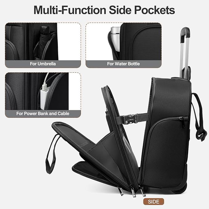 Multi-functional 16-Inch Underseat Carry on Luggage With Wheels Softside Lightweight Compact Travel Business Suitcase bag for Pilots and Crew,Black