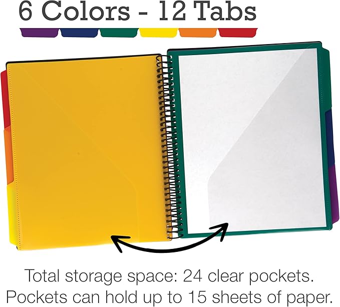 Samsill Deluxe 24 Pocket Spiral Project Organizer with Inner Zipper Pouch, Customizable Front Cover, 12 Dividers with Erasable Write-On Tabs in Assorted Colors, Plastic Folders with Pockets