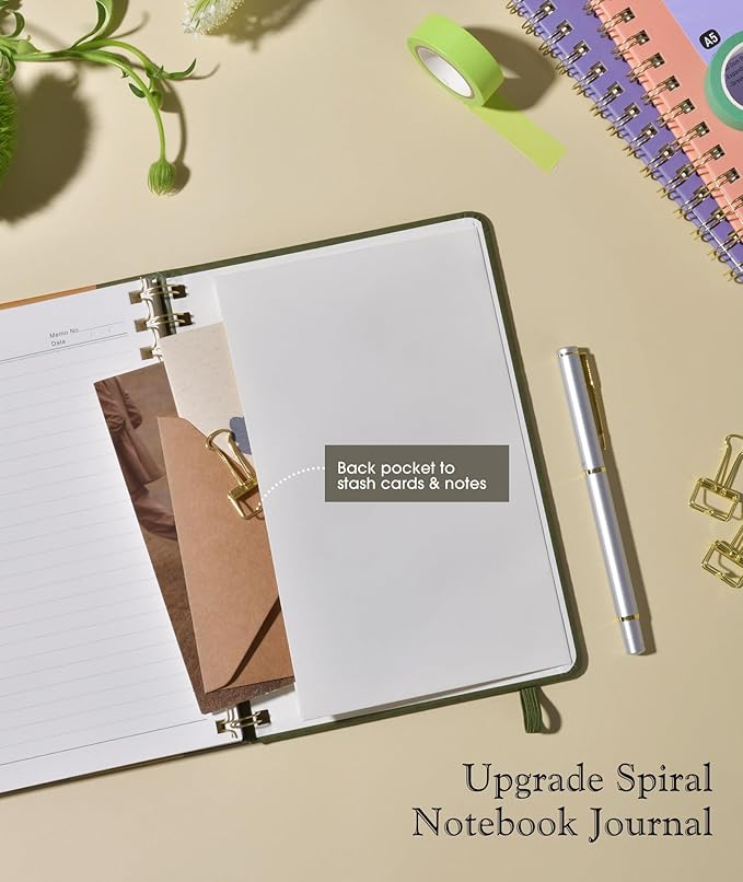 Lined Spiral Journal Notebook, A5 Hardcover Spiral Journals for Women Men, 150 Numbered Pages Spiral Bound Notebook, 100 GSM College Ruled Notebooks for Writing Note Taking 5.75" x 8.38", Olive Green