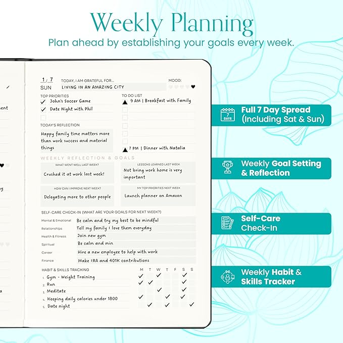 2025 Planner, Daily Journal & Gratitude Journal All-In-One with To Do List, Self Care Prompts & Habit Tracker - 7 x 10 - Teal