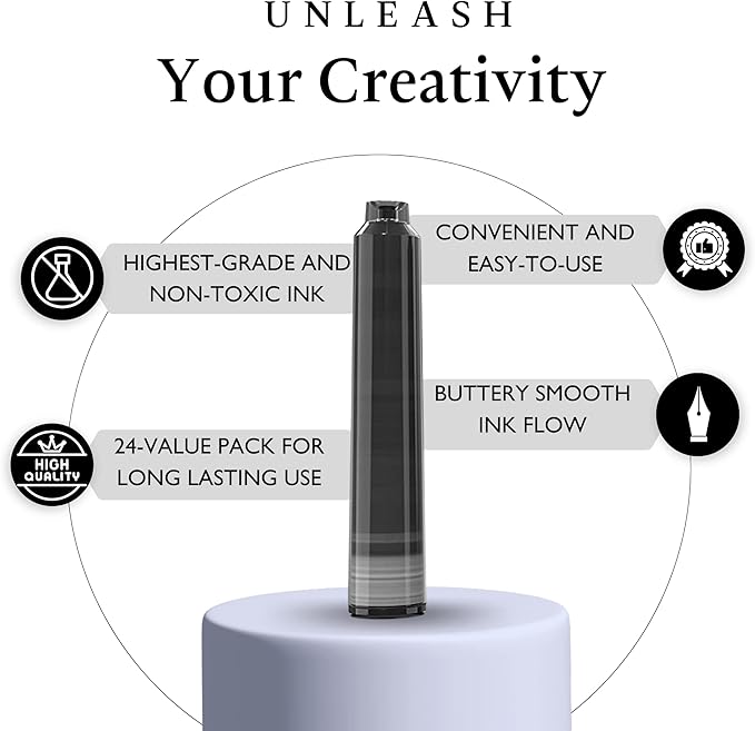 Fountain Pen Ink Refills - 24 Pack International Standard Size Cartridges - Premium Quality & Non-Toxic - Long-Lasting Ink