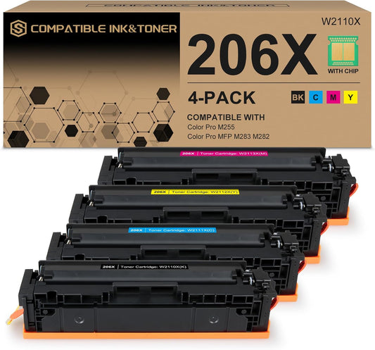 206X 206A High Yield Toner Cartridges 4 Pack (with Chip) Works with HP Color Pro MFP M283fdw M283cdw, Pro M255dw M255nw, MFP M282nw M283 M282 M255 Printer | W2110X W2111X W2112X W2113X 206A W2110A