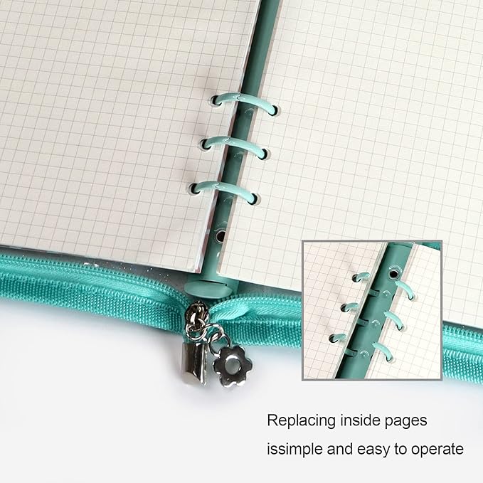 Multibey A5 Binder Cover Clear Soft PVC 6-Ring Binder Budget Cash Evelopes System with Zipper Planner Organizer Refillable Notebook Journal Binder (Cyan, A6)