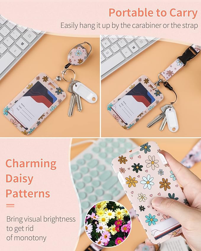 Uniclife 2 Pack Floral Sliding Badge Holder Flower Plastic Case with Retractable Badge Reel Carabiner Clip and Detachable Lanyard Strap Hard Vertical Card Protector for Women Nurse Teacher