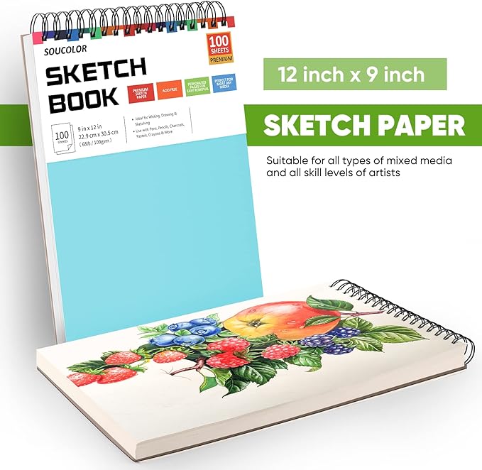 Soucolor 9" x 12" Sketch Book, 1-Pack 100 Sheets Spiral Bound Art Sketchbook, Acid Free (68lb/100gsm) Artist Drawing Book Paper Painting Sketching Pad for Kids Students Adults Beginners