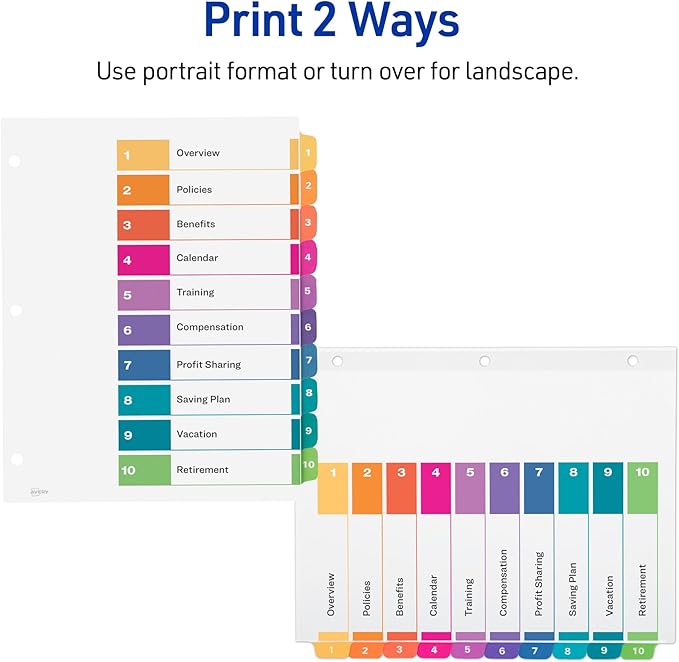 Avery 10 Tab Dividers for 3 Ring Binders, Customizable Table of Contents, Multicolor Tabs, 3 Sets (11072)