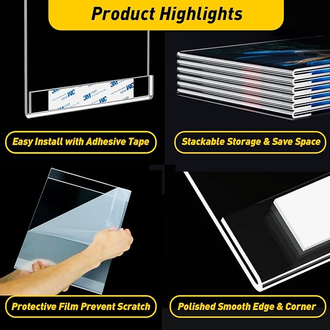 10 Pcs Acrylic Sign Holder 8.5 x 11, Vertical Wall Mount Sign Holders with 3M Adhesive, Clear Plastic Frames Paper Display Sign Holders for Office, Home, Store, Restaurant - No Drilling