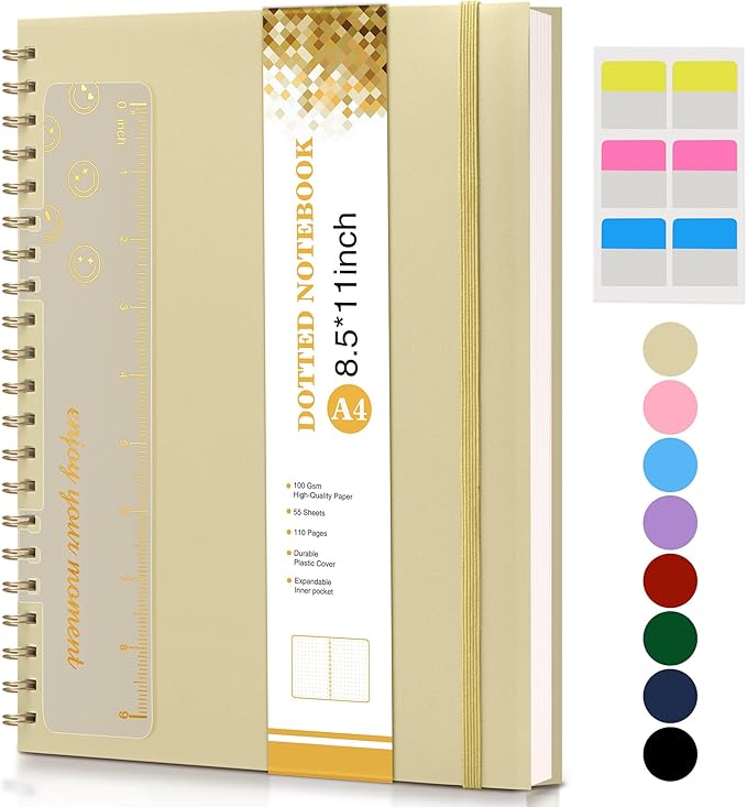 Dotted Notebook, Spiral Notebook Journal 8.5” x 11”, A4 Large Dot Grid Notebooks for Women Men, 100 GSM Dotted Paper, Plastic Hardcover Spiral Bullet Dotted Journals for Work School Sketching, Yellow