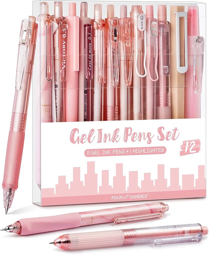 FourCandies 12Pack Pastel Gel Ink Pen Set, Cute Note Taking 0.5mm Fine Point Retractable 11 Pack Black Ink Pens with 1Pack Highlighter for Writing, School, Office (Pink)