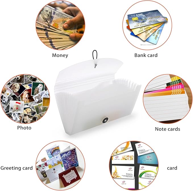 BTSKY Expanding File Folder –New 13 Pockets Small Accordion File Folder Expandable Card Ticket Holder File Storage Folder Check Bill File Folder Plastic Wallet Case (White Translucent)