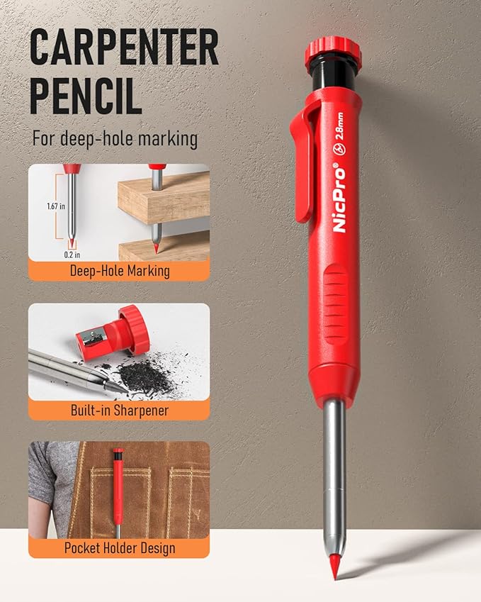 Nicpro Carpenter Pencil with Sharpener, Mechanical Carpenter Pencil Set with 13 Refill, Construction Pencils Heavy Duty Woodworking Pencil for Architect (Black, Red, Yellow)-With Case