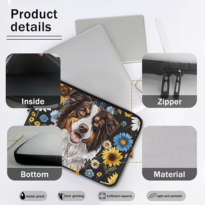 Bernese Mountain Dog Printed Computer Bags for Laptops, Sunflower Daisy Printed 10 Inch Laptop Bag Laptop Briefcase Travel Case for Women Men Teens, Compatible with Most Laptops