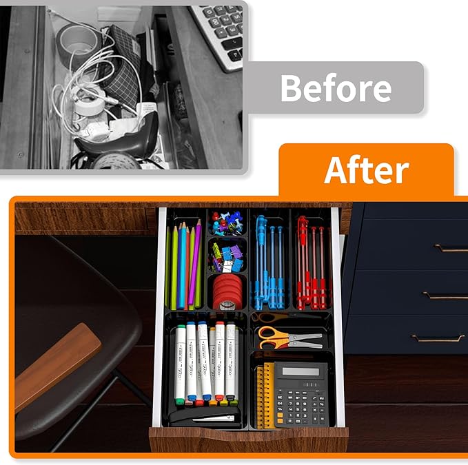 Utility Drawer Organizer Set of 13,With Non-Slip Silicone Pads, 5 Size Small Bins for Organization for Bathroom、Vanity、Nightstan、Kitchen、Office Desk Black Plastic Organizing Containers for Drawers